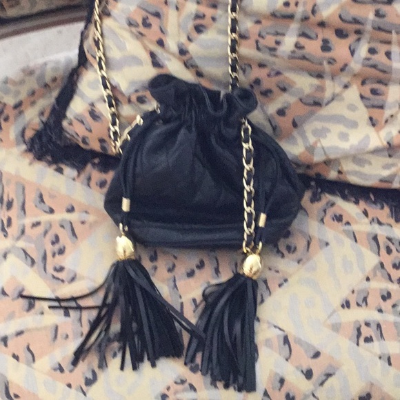 labelless Handbags - Purse black quilted tasseled evening bag leather